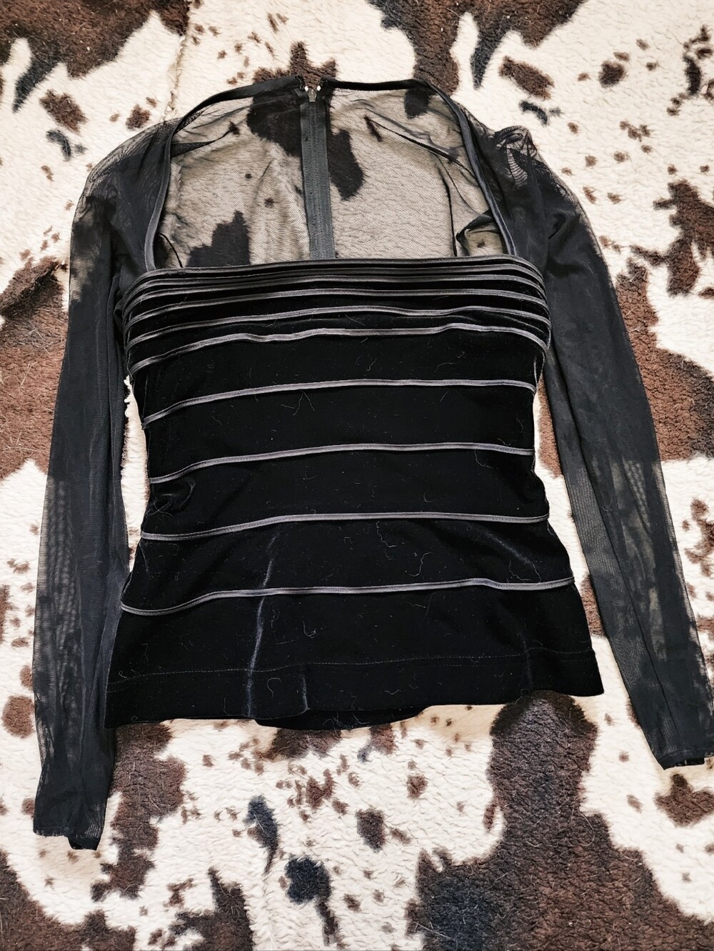 WOMEN'S 90'S/Y2K MESH VELOUR EVENING BLOUSE - BLACK VELVET